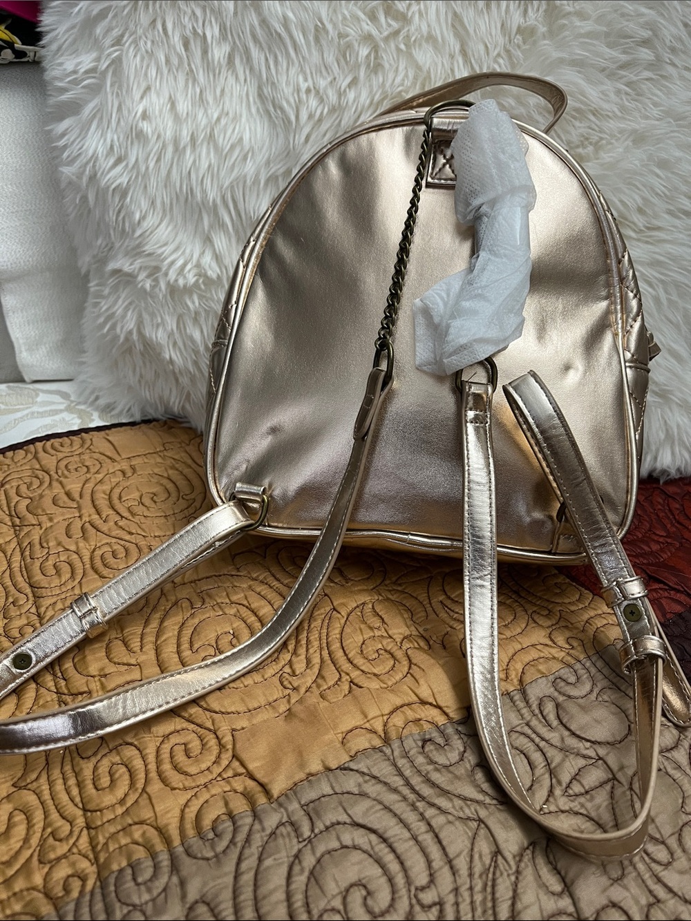 Metallic Gold Women's Backpack Purse . Straps w/ alloy chain metal.